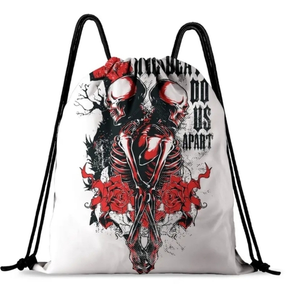 A Gothic Universe Handbags - Gothic Love Skull Floral Drawstring Backpack – “Till Death Do Us Part” Rope Bag